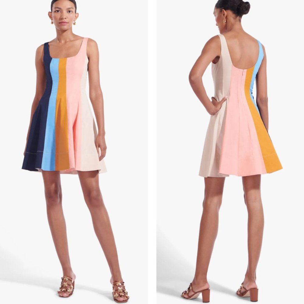 NWOT STAUD Mini Wells Dress in Land and Sea Colorblock Fit and Flare